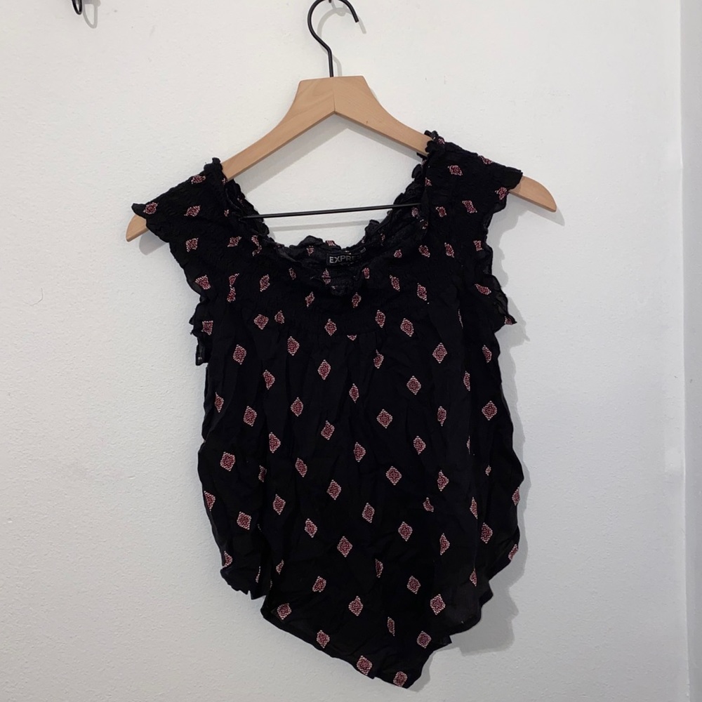 black and red patterned off the shoulder top